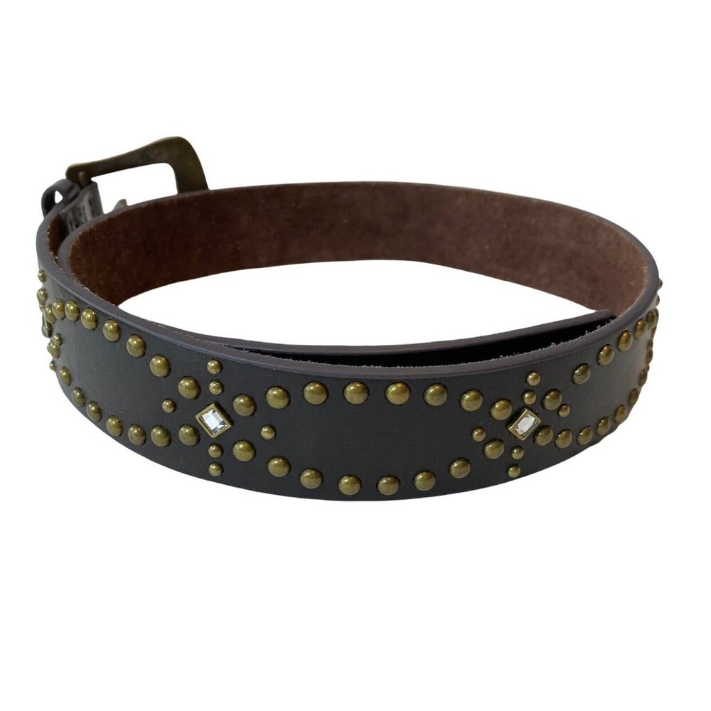 Genuine Brown Leather Metal Studded Bling Belt Buckle Boho Trendy Western 36” - Picture 3 of 7